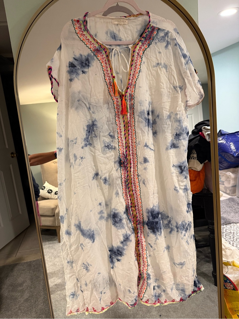lovestitch White and Navy Tie-Dye Embroidered Boho Tunic
